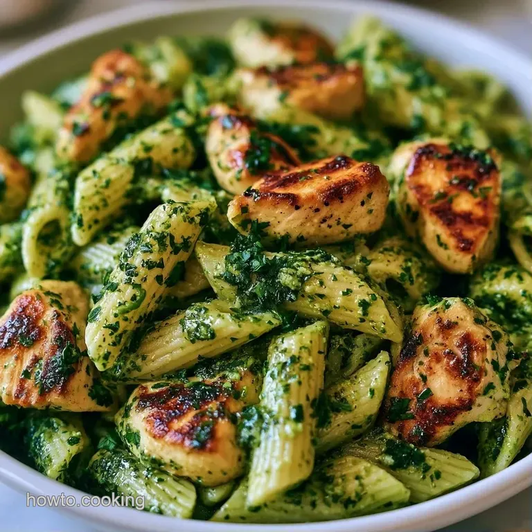 A swirl of creamy green pasta topped with browned chicken and a sprinkle of parmesan on a white porcelain plate.