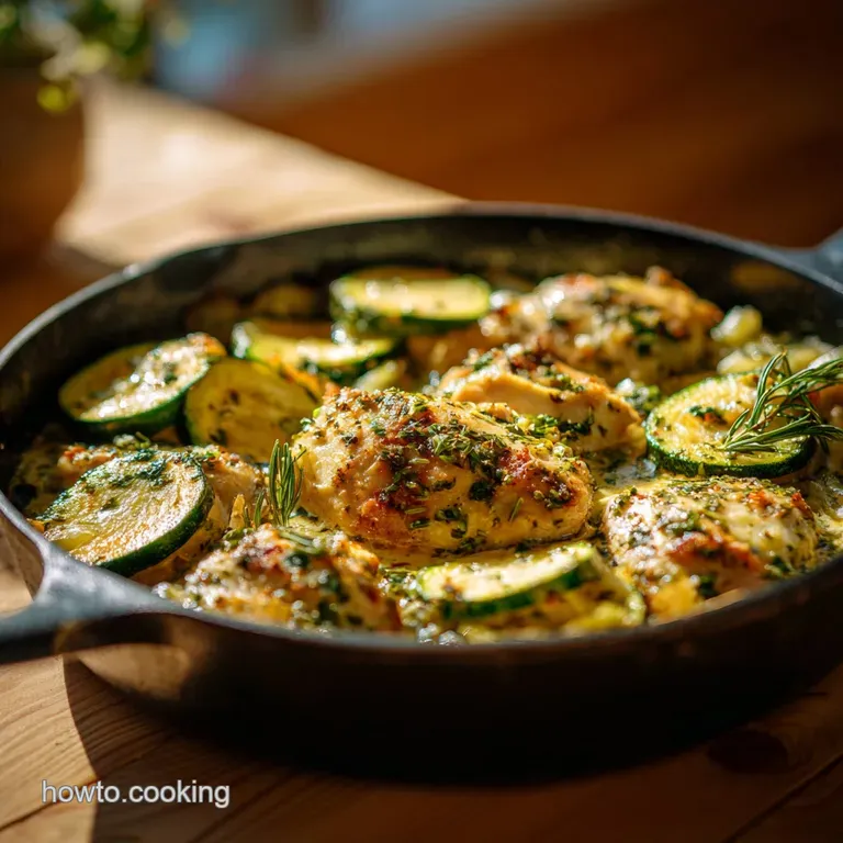 A rustic ceramic dish filled with roasted chicken and zucchini, glistening with herbs, artfully presented.