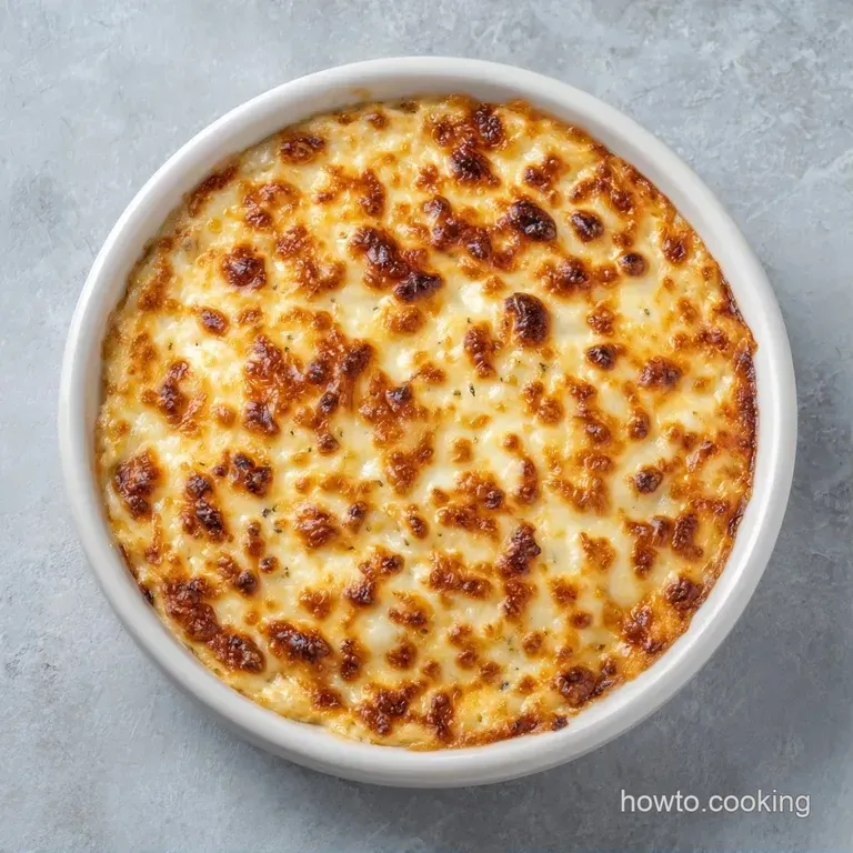 Bubbling golden cheese dip surrounded by toasted baguette slices and crisp crackers on a rustic wooden board.