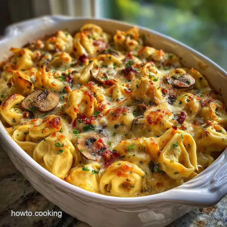 Plated, saucy tortellini bake with fresh basil. Steam rises, suggesting warm, inviting flavors on a white plate.