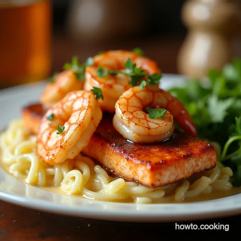 Bayou Bliss Cajun Shrimp Salmon with Dreamy Garlic Cream Sauce presentation