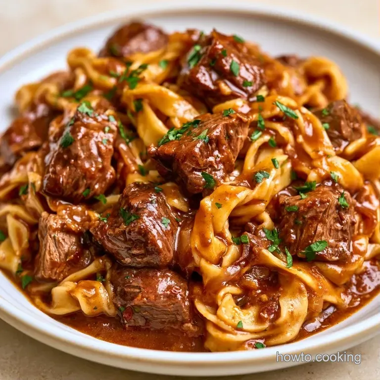 Elegantly plated savory brown meat and wide egg noodles in a white bowl, garnished with bright green parsley.