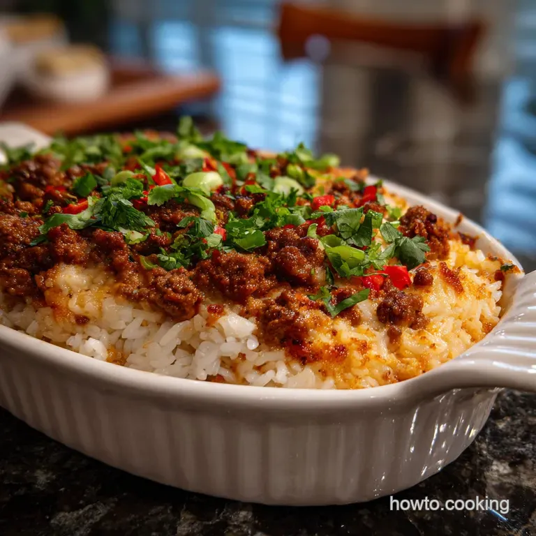 A generous serving of ground beef and rice casserole, steam rising, showcasing layers of meat, rice and cheese on a plate.