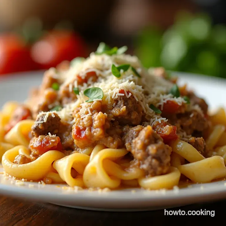 Beef and Rotini in Parmesan Garlic Sauce presentation