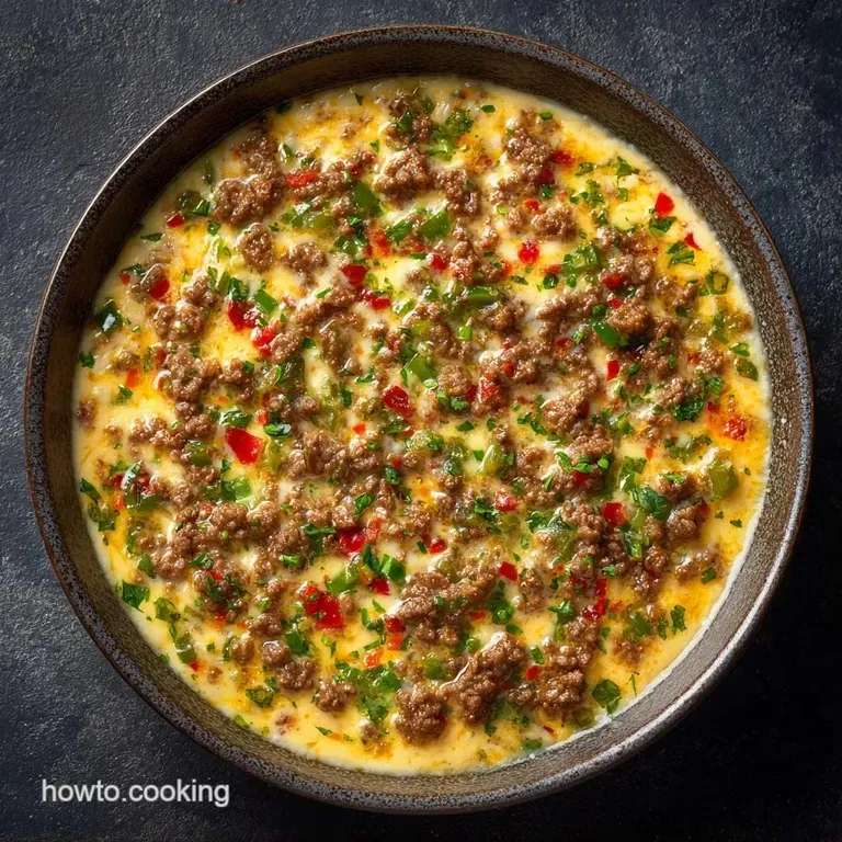 A rustic cast iron skillet filled with bubbly orange cheese and savory beef, served with crisp corn tortilla chips.