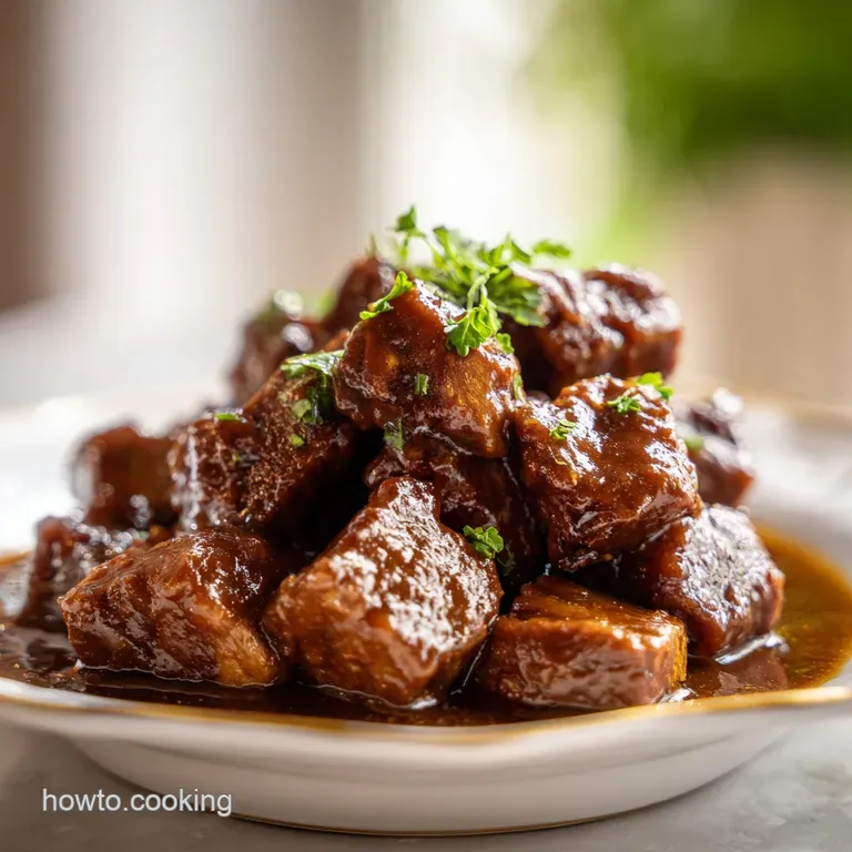 Slices of tender beef drizzled with a silky brown sauce over creamy mashed potatoes, garnished with fresh parsley.