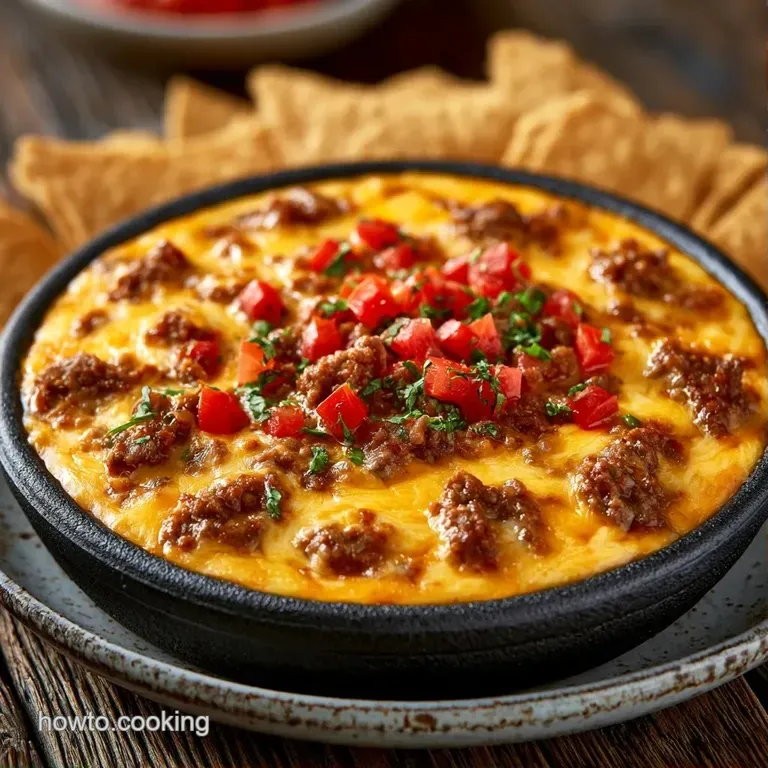 Bubbling pot of golden cheese dip surrounded by a colorful platter of crisp corn tortilla chips and sliced jalape&ntilde;os.