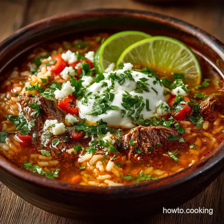 Beefy Mexican Rice Soup Sopa de Arroz y Carne presentation