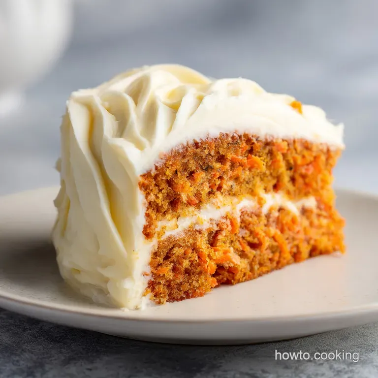 Elegant slice of layered orange-hued cake on a plate, topped with velvet frosting and a delicate carrot garnish.