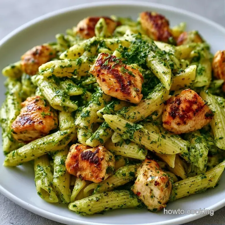 A swirl of emerald green pasta topped with sliced golden chicken and a sprig of fresh basil on a white ceramic plate.