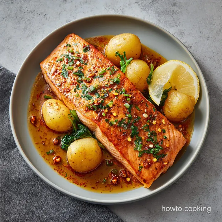 Perfectly plated salmon, its flaky texture highlighted by a lemon wedge, atop creamy mashed potatoes with a drizzle of herbs.