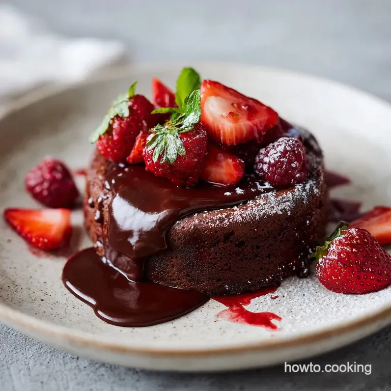 A single slice of moist cake displayed with caramel sauce dripping down the side and a dusting of cocoa powder.