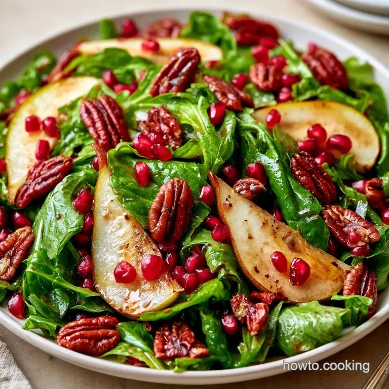 A wide ceramic platter featuring a mound of fresh greens, sliced pears, and creamy feta with a honey glaze.