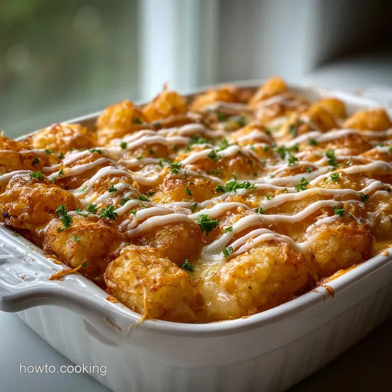 A generous scoop of golden-brown casserole sits on a white plate. Diced tomato & shredded lettuce add fresh color.