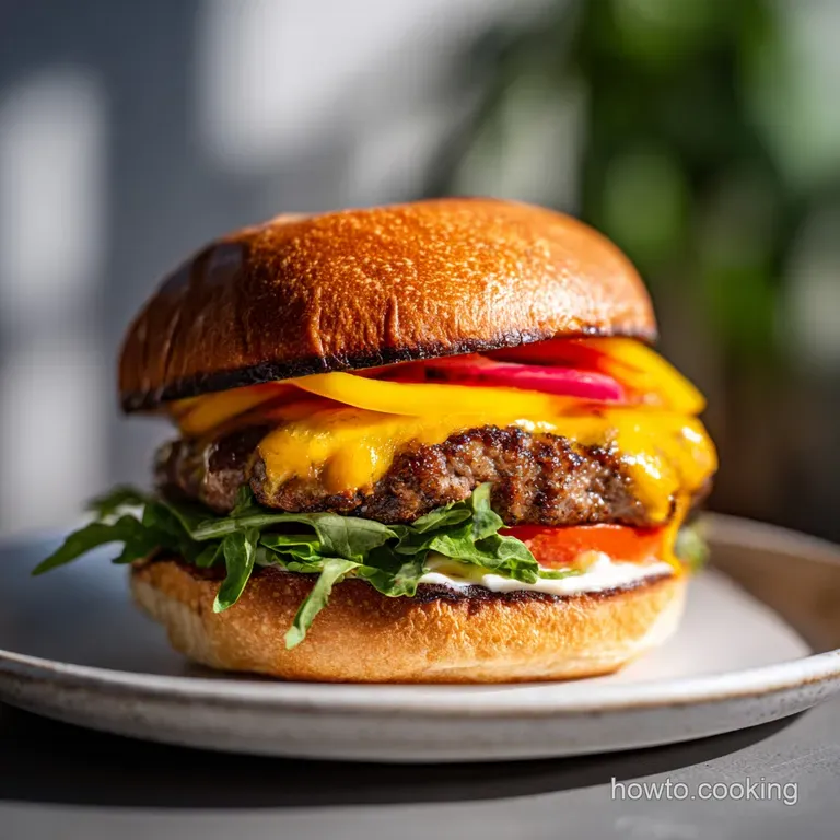 Perfectly stacked smash burger on a sesame seed bun; melted cheese oozing down, with vibrant green lettuce adding a burst ...