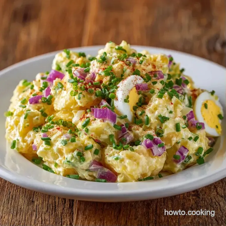 Elegant scoop of creamy potato salad on a white platter, topped with a vibrant parsley sprig and a pinch of paprika.