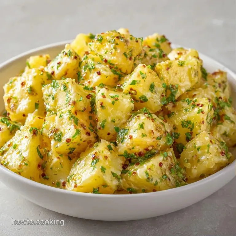 A neatly scooped mound of creamy potato salad garnished with fresh dill sprigs on a minimalist slate platter