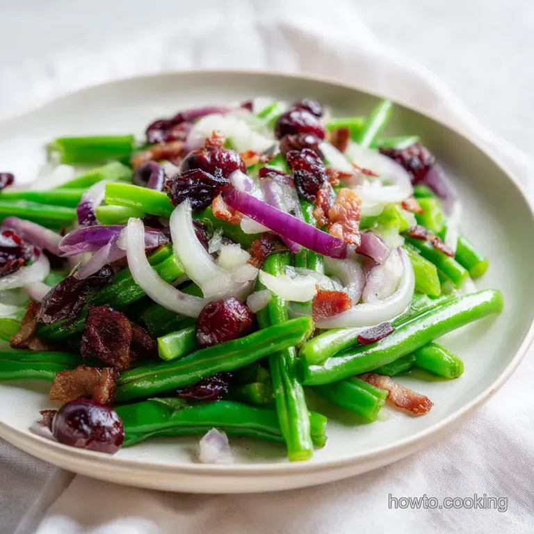 Vibrant green and white vegetable florets in a ceramic bowl, topped with salty, browned bacon crumbles and herbs.