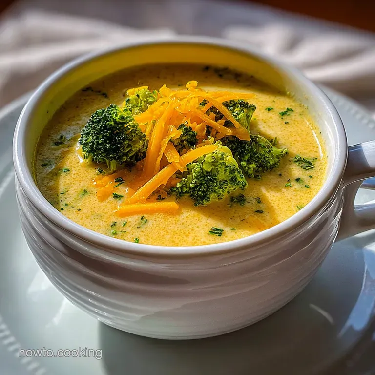 Ladle of thick broccoli cheddar soup pouring into a bowl, hints of melted cheese, vibrant green flecks, ready to eat.