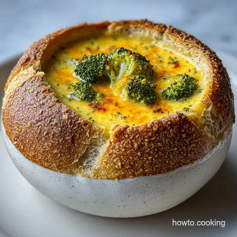 Creamy, bright yellow-green soup served in a hollowed bread loaf, steam rising, with scattered broccoli florets and chedda...