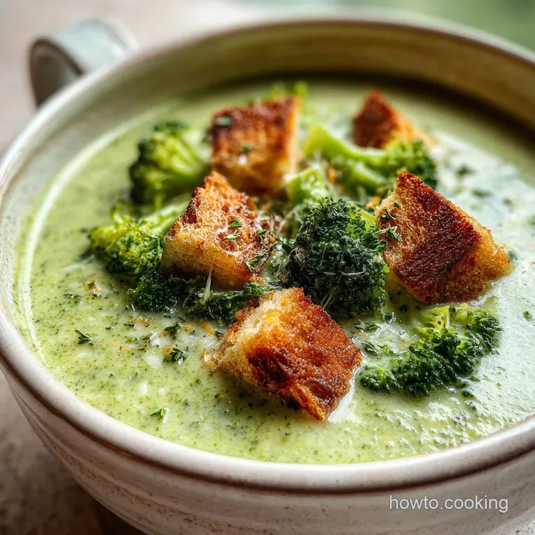 Emerald green broccoli cheese soup in a rustic bowl, garnished with a sprig of thyme and cheese crisps on a linen napkin.