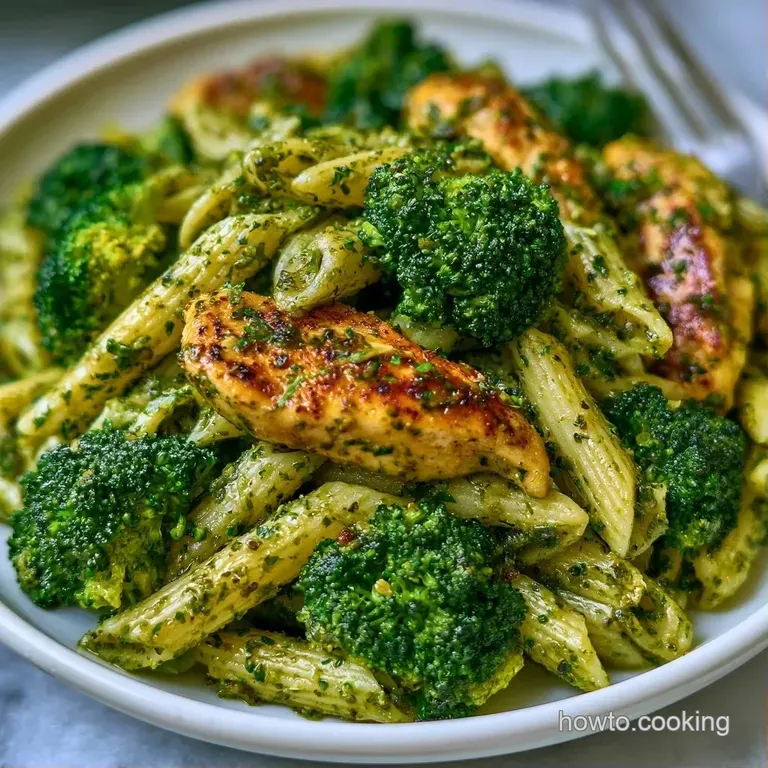A swirl of pesto-coated pasta topped with charred broccoli and golden chicken on a matte white ceramic plate.