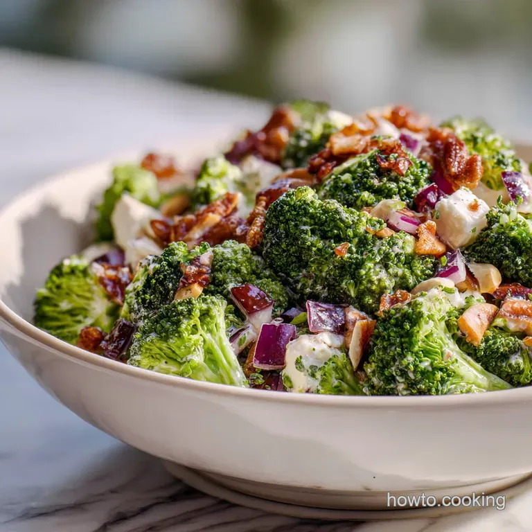 Broccoli salad beautifully arranged on a plate. Notice the vibrant green, crunchy bacon bits, and creamy, cheesy texture.