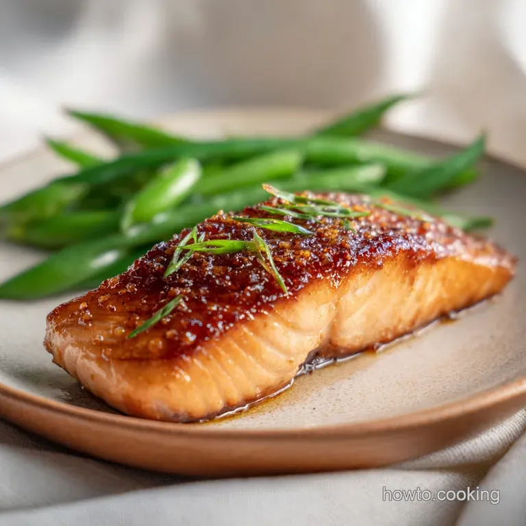 A perfectly baked salmon fillet, flaky and tender, artfully arranged with vibrant green asparagus spears.