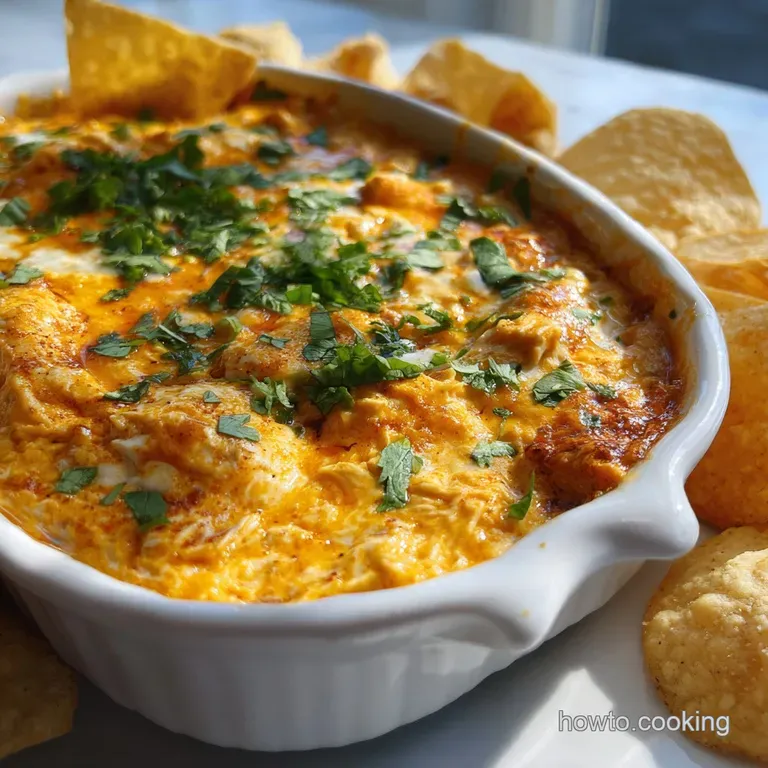 Scoops of warm, creamy buffalo chicken dip beside celery sticks and tortilla chips for a vibrant, appetizing snack spread.
