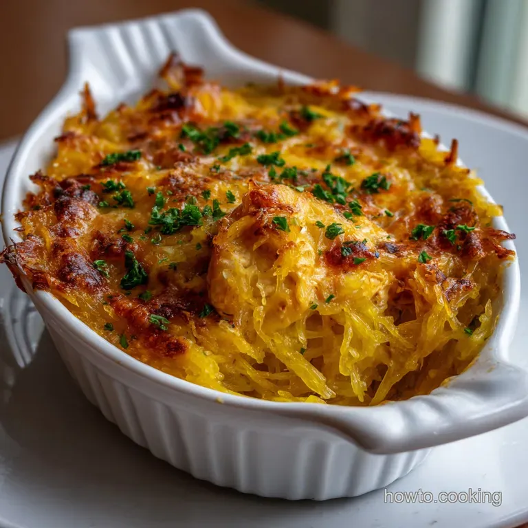 Creamy buffalo chicken and spaghetti squash elegantly plated, garnished with fresh chives and a drizzle of hot sauce, invi...
