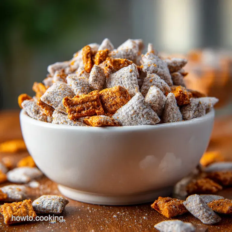 Neatly arranged Butterfinger puppy chow in a bowl, dusted with powdered sugar, showcasing layers of color and tempting tex...