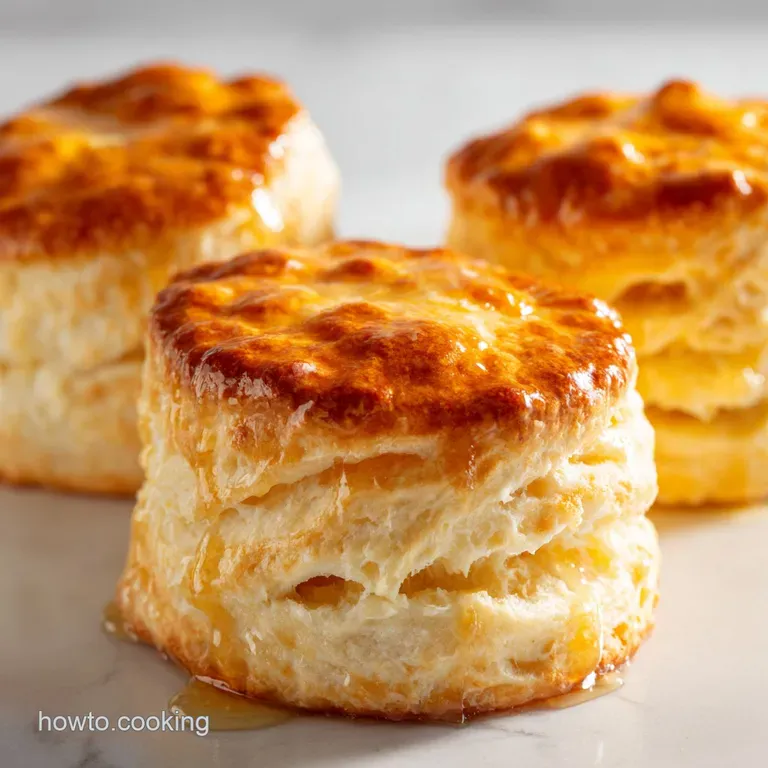 Stack of warm, golden-brown biscuits on a white ceramic plate, paired with a small pot of amber-colored honey.