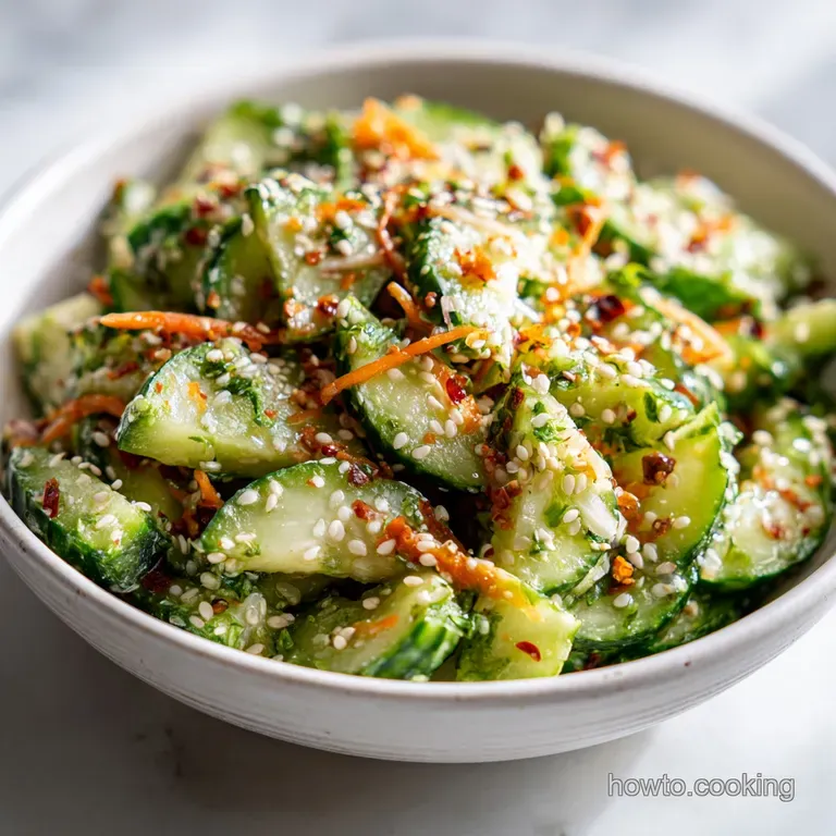 A neatly arranged mound of crisp cucumber salad, dotted with black sesame seeds and fresh dill.