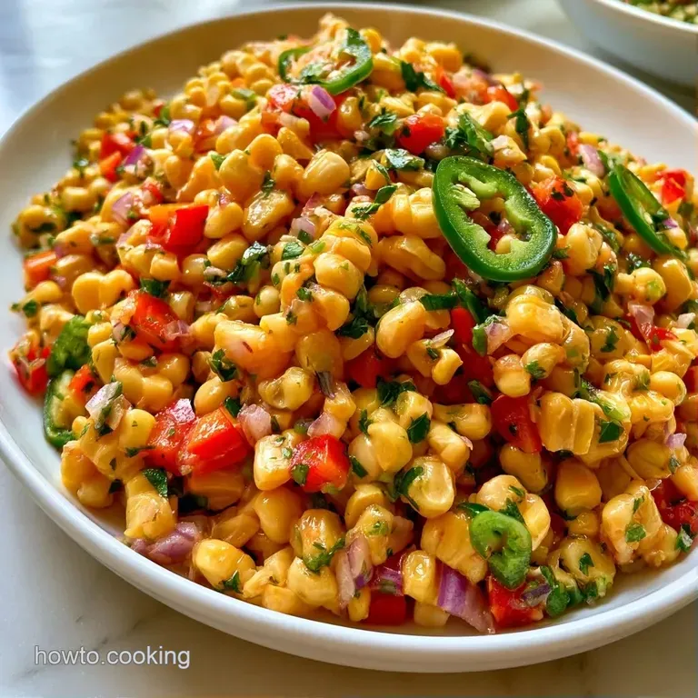Colorful mix of golden corn and diced red vegetables in a white ceramic bowl topped with fresh cilantro sprigs.
