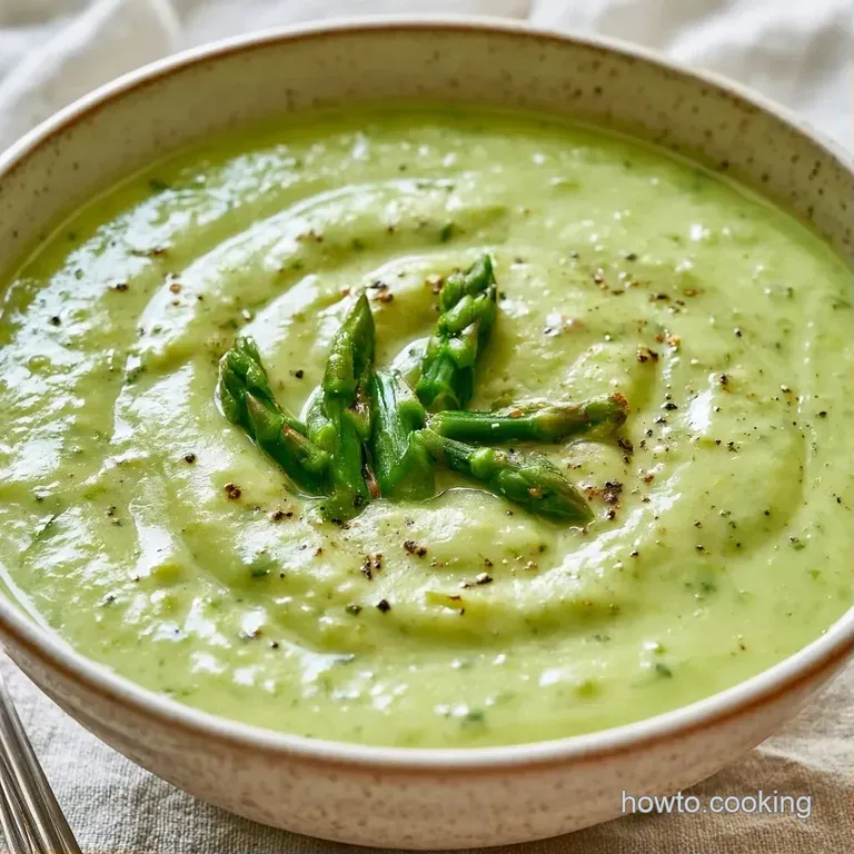 A velvety pale green soup topped with a swirl of cream and tender asparagus tips in a white ceramic bowl.