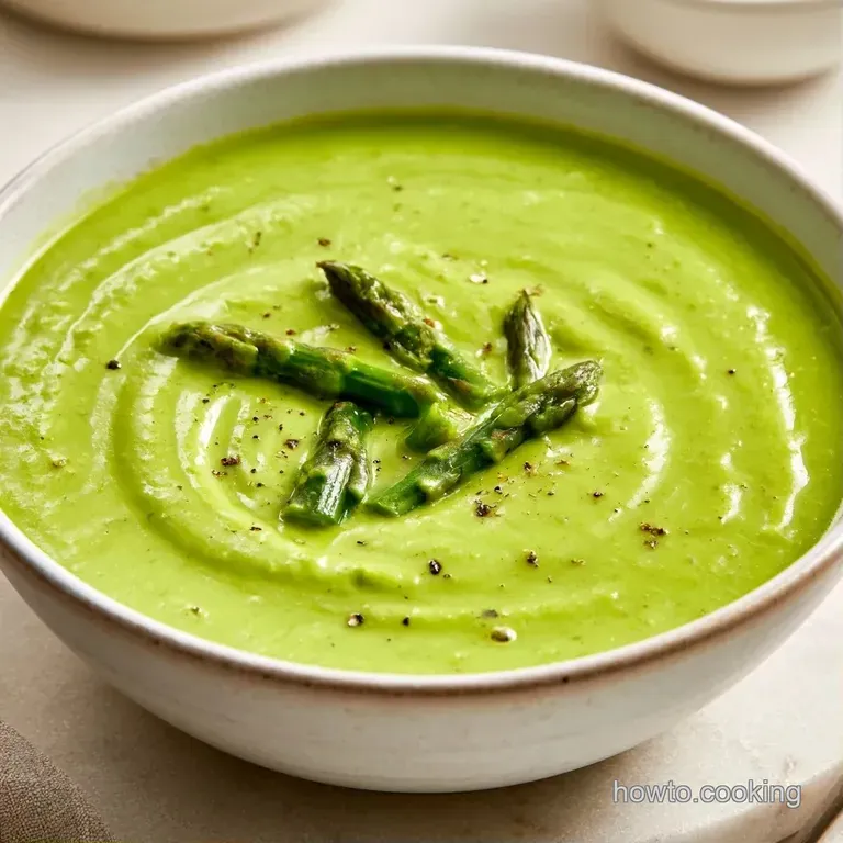 A creamy pale green soup swirl in a white porcelain bowl, topped with a swirl of cream and a crisp asparagus tip.
