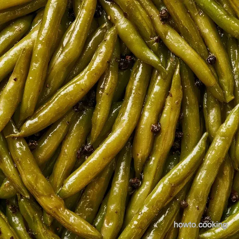 Close-up of a glass mason jar filled with olive-green beans and spices, resting on a weathered farmhouse surface.