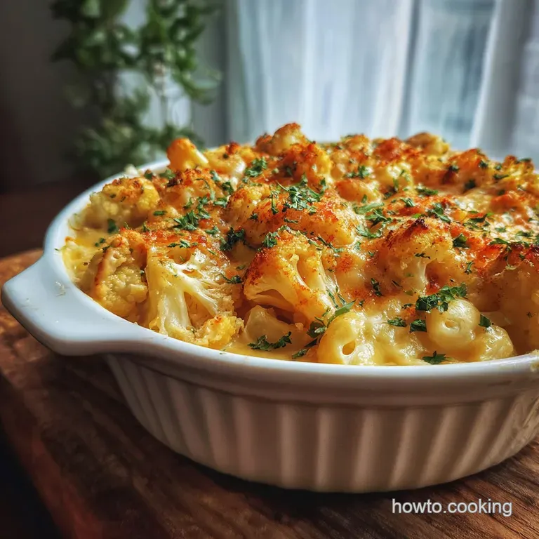 A single, generous serving of cheesy cauliflower mac, garnished with parsley. Steam rises from the comforting baked pasta.