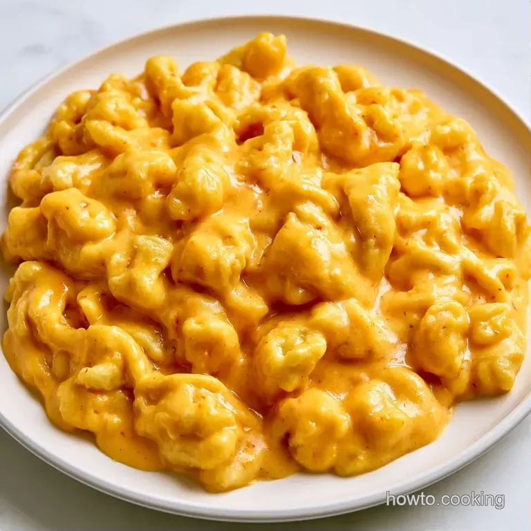 Rich, melted gold sauce drizzled over al dente pasta on a white ceramic plate, garnished with a pinch of paprika.