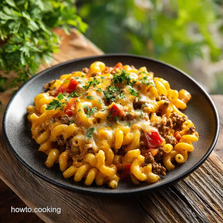 Cheeseburger casserole slice plated, oozing melted cheese. Garnished with fresh, vibrant green chives.
