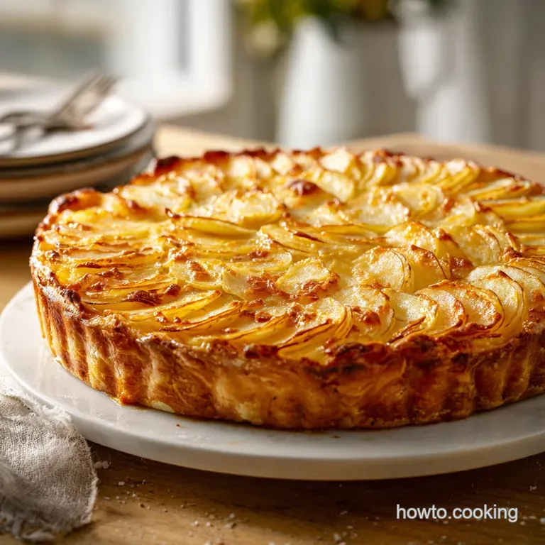 A neat square slice of layered cheesy potatoes served on a white ceramic plate, garnished with a sprig of fresh thyme.