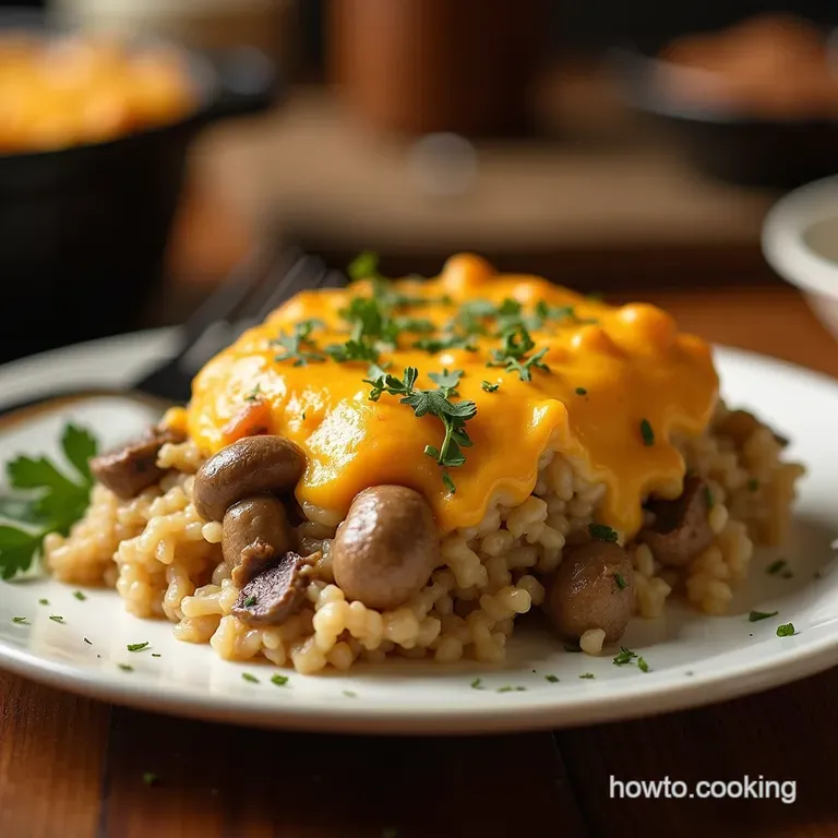 The Ultimate Comfort Casserole Cheesy Beef Mushroom and Rice Bake presentation