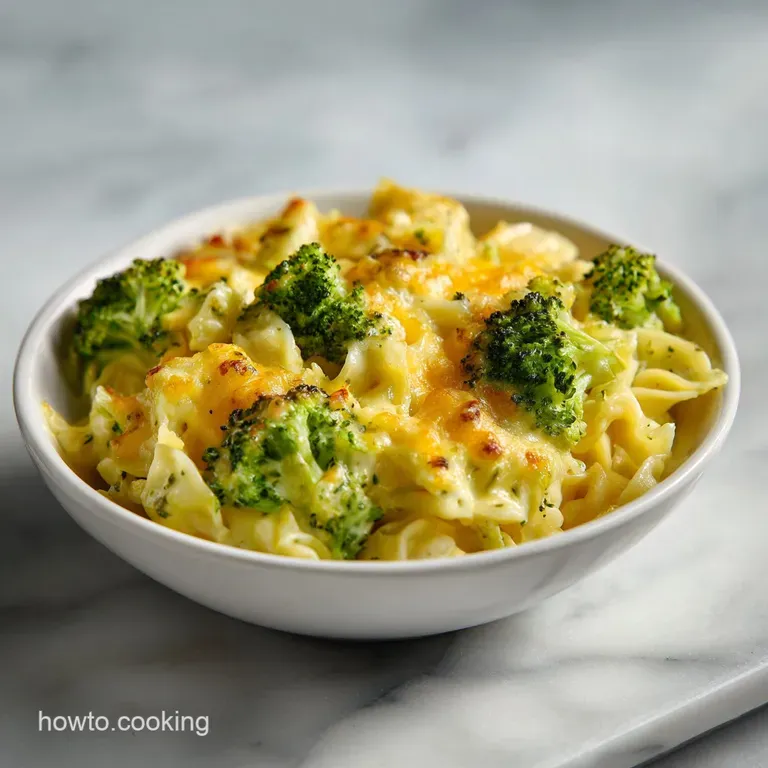 Creamy pasta and tender chicken topped with molten cheese, served on a white plate with a sprig of fresh parsley.