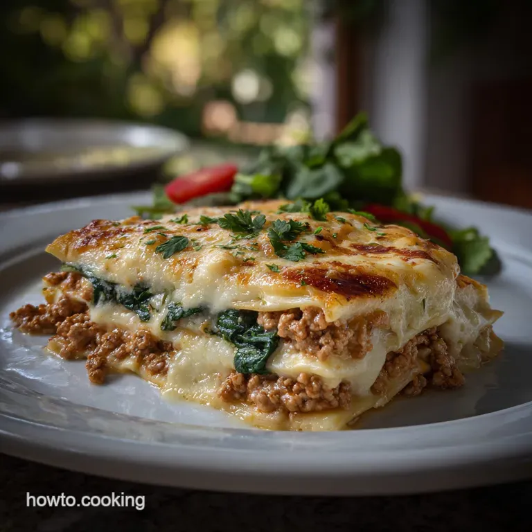 A slice of cheesy lasagna with glistening white sauce and spinach, revealing layers of ground turkey. Inviting and warm on...