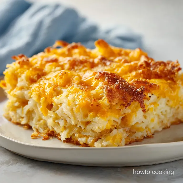 A square slice of creamy potato bake on a white plate, topped with melted cheese and a sprig of fresh green parsley.