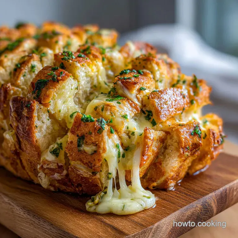 Slices of cheesy bread arranged on a wooden board, steam rising. Aromatic herbs sprinkled on top add a pop of green.