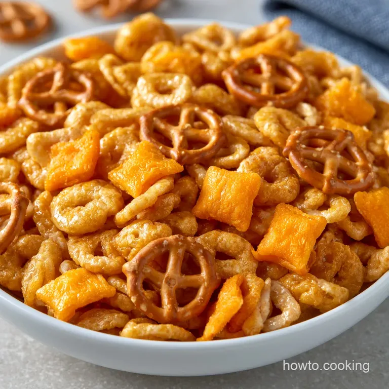 Savory golden cereal squares and pretzels piled high on a white ceramic platter beside a small wooden scoop.