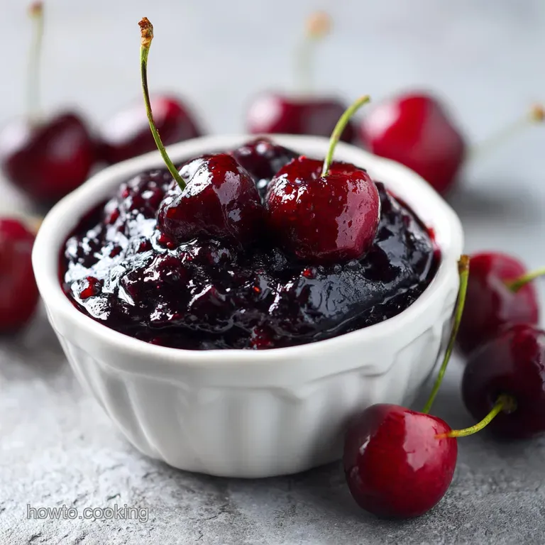 A spoonful of rich, jewel-toned cherry jam with a glossy sheen, artfully arranged with a rustic cracker.