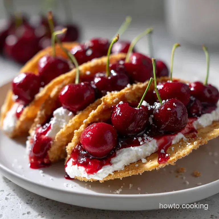 A single cherry cheesecake taco, oozing filling, rests on a white plate. Cherry sauce and graham cracker crumbs decorate t...
