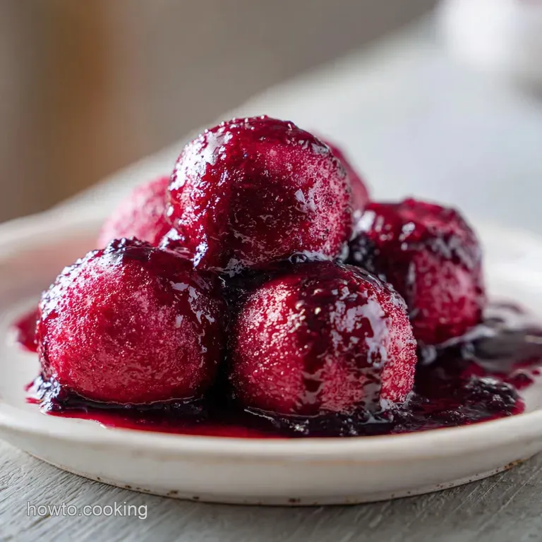 Three glistening cherry pie bombs arranged on a delicate plate. Sweet filling peeks through the golden crust, inviting a b...